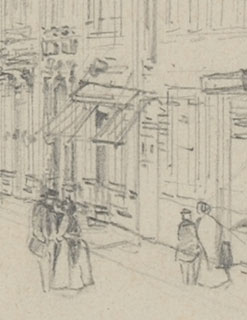 Place verte en theater van Verviers, tekening door Joseph Hoolans, 1857, KBR, Prenten, S. IV 28141